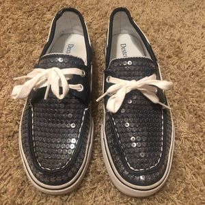 Navy Blue Sequined Woman’s Boat Shoes Size 8.